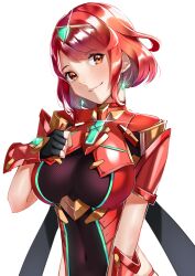 Rule 34 | 1girl, absurdres, black gloves, breasts, chest jewel, drop earrings, earrings, fingerless gloves, gem, gloves, head tilt, headpiece, highres, impossible clothes, jewelry, large breasts, looking at viewer, looking to the side, pyra (xenoblade), red eyes, red hair, short hair, simple background, smile, swept bangs, tpicm, white background, xenoblade chronicles (series), xenoblade chronicles 2