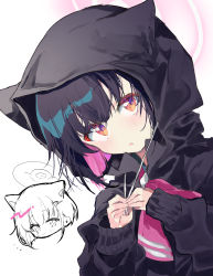 Rule 34 | 1girl, absurdres, animal ears, black hair, blue archive, halo, highres, hood, hooded jacket, jacket, kazusa (blue archive), nyou 0, short hair, solo, white background