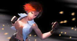 Rule 34 | 1girl, blouse, breasts, cleavage, collarbone, collared shirt, fighting stance, gloves, highres, large breasts, no bra, open clothes, open shirt, red eyes, red hair, shirt, short hair, sleeveless, sleeveless shirt, solo, suspenders, the king of fighters, vanessa (kof), woo jin lee