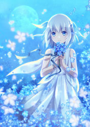 Rule 34 | 1girl, blue background, blue eyes, blue flower, blue sky, bouquet, bracelet, dress, flower, full moon, holding, holding bouquet, jewelry, looking at viewer, medium hair, moon, night, night sky, silver hair, sky, sleeveless, snowdreams -lost in winter-, solo, standing, white dress, xiao yung lin