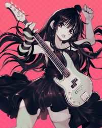 Rule 34 | 1girl, akiyama mio, bass guitar, black dress, bouncing breasts, breasts, checkered background, commentary, detached sleeves, dress, english commentary, fender precision bass, greyscale, hat, instrument, k-on!, long dress, long hair, medium breasts, mini hat, mini top hat, monochrome, music, open mouth, parororo, pink background, pink eyes, playing instrument, plectrum, single detached sleeve, solo, spaghetti strap, spot color, striped sleeves, teeth, thighhighs, top hat, upper teeth only, very long hair