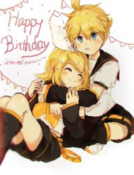 Rule 34 | 1boy, 1girl, blonde hair, blue eyes, brother and sister, detached sleeves, closed eyes, happy birthday, headset, hug, hug from behind, kagamine len, kagamine rin, leg warmers, sailor collar, shorts, siblings, simple background, sitting, smile, twins, vocaloid, white background, yonikki