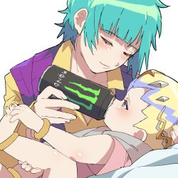 Rule 34 | 1boy, 1girl, aqua hair, blonde hair, blue eyes, blunt bangs, blush, bolt (pretty series), bracelet, can, closed eyes, commentary request, drink can, drinking, energy drink, facing viewer, highres, holding, holding can, jewelry, lying, meme, monster energy, multicolored hair, omega auru, on back, pink shirt, pretty series, profile, purple hair, purple vest, shirt, short hair, simple background, smile, soda can, tsujii luki, upper body, vest, waccha primagi!, white background, yellow shirt