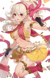 Rule 34 | 1girl, armpits, barefoot, bracelet, breasts, cleavage, corrin (female) (fire emblem), corrin (fire emblem), cosplay, dancing, earrings, fingerless gloves, fire emblem, fire emblem: thracia 776, fire emblem fates, gloves, grey hair, hair ribbon, haru (nakajou-28), highres, jewelry, lara (fire emblem), lara (fire emblem) (cosplay), long hair, looking at viewer, medium breasts, midriff, miniskirt, nintendo, open mouth, pointy ears, ponytail, red eyes, ribbon, sideboob, simple background, skirt, smile, solo, white background