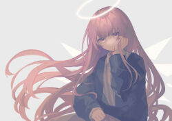 Rule 34 | 1girl, absurdres, arknights, black jacket, closed mouth, commentary request, energy wings, grey background, halo, hand on own cheek, hand on own face, highres, jacket, lemuen (arknights), long hair, long sleeves, looking at viewer, miike (992058), pink eyes, pink hair, shirt, simple background, solo, upper body, very long hair, white shirt