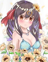 Rule 34 | 1girl, bare arms, bare shoulders, bikini, black hair, blue bikini, blush, breasts, brown eyes, collarbone, commentary, dated, flower, flower request, front-tie bikini top, front-tie top, frown, hair between eyes, hair flower, hair ornament, hair ribbon, hairclip, heart, heart necklace, highres, jewelry, long hair, looking at viewer, medium breasts, multicolored hair, necklace, onii-chan wa oshimai!, oyama mihari, purple hair, red ribbon, ribbon, signature, simple background, solo, swimsuit, two-tone hair, upper body, white background, yale
