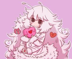 Rule 34 | 1girl, antennae, arthropod girl, artist name, black eyes, blush stickers, box, box of chocolates, chocolate, dress, enutsuu, extra arms, fluffy hair, fur-trimmed dress, fur collar, fur trim, heart, highres, holding, holding box, long hair, looking at viewer, monster girl, original, pink background, simple background, solo, valentine, very long hair, white dress, white hair