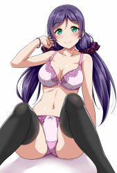 Rule 34 | 1girl, aqua eyes, black thighhighs, blush, bra, breasts, commentary request, hair tie, hand in own hair, highres, lace, lace-trimmed bra, lace-trimmed panties, lace trim, large breasts, long hair, looking at viewer, love live!, love live! school idol project, navel, panties, purple hair, purple scrunchie, scrunchie, sitting, smile, solo, spread legs, stomach, thighhighs, tojo nozomi, twintails, underwear, underwear only, white background, wristband, yopparai oni