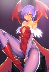 Rule 34 | 10s, 1girl, 2015, :d, arm support, ayaki, bare shoulders, between legs, blush, bodysuit, boots, box, breasts, bridal gauntlets, center opening, cleavage, cleavage cutout, clothing cutout, collarbone, covered navel, cube, dated, demon girl, demon wings, detached sleeves, feathers, gradient background, grin, hair between eyes, hand between legs, heart, heart cutout, highleg, highleg leotard, hip focus, knee boots, knee up, leotard, lilith aensland, long sleeves, looking to the side, low wings, open mouth, pantyhose, purple background, purple hair, purple pantyhose, red eyes, red footwear, red leotard, signature, simple background, sitting, skin tight, small breasts, smile, solo, strapless, strapless leotard, thick thighs, thighs, vampire (game), wings