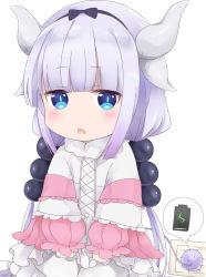 Rule 34 | 10s, 1girl, 28aarts, absurdres, battery, blue eyes, blunt bangs, charging, chestnut mouth, dragon girl, dragon horns, dragon tail, electric plug, electrical outlet, hair bobbles, hair ornament, hairband, highres, horns, kanna kamui, kobayashi-san chi no maidragon, light purple hair, long hair, looking at viewer, low twintails, simple background, sitting, solo, tail, twintails, wariza, white background
