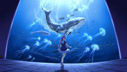 Rule 34 | 1girl, absurdres, aqua hair, aquarium, blue ribbon, chinese commentary, colored inner hair, commentary request, denfunsan, frilled skirt, frills, from behind, full body, hair ribbon, highres, hololive, indoors, jellyfish, long hair, looking at viewer, looking back, maid headdress, minato aqua, minato aqua (1st costume), multicolored hair, puffy short sleeves, puffy sleeves, purple eyes, ribbon, school of fish, shipwreck, short sleeves, skirt, solo, standing, streaked hair, twintails, virtual youtuber, whale, wrist cuffs