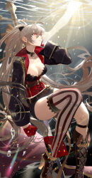 Rule 34 | 1girl, absurdres, aiguillette, azur lane, black jacket, black shorts, boots, breasts, bubble, choker, cleavage, corset, cross-laced clothes, dangle earrings, earrings, gloves, gold choker, hair between eyes, half gloves, high heel boots, high heels, highres, jacket, jean bart (azur lane), jewelry, knee boots, long hair, looking up, mast, medium breasts, o-ring, o-ring choker, ponytail, red corset, red eyes, red gloves, shorts, skull belt, solo, striped clothes, striped thighhighs, submerged, thighhighs, underwater, uyuyuun, vertical-striped clothes, vertical-striped thighhighs, water, wide-eyed