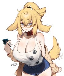 Rule 34 | 1girl, animal collar, animal ears, blonde hair, blue eyes, bone hair ornament, borrowed character, breasts, cardigan, cardigan pull, cellphone, cleavage, collar, dog ears, dog girl, dog tail, glasses, hair between eyes, hair ornament, high ponytail, highres, large breasts, open cardigan, open clothes, original, paw print, paw print pattern, phone, short eyebrows, short hair, short shorts, shorts, solo, tail, tail wagging, tank top, terupancake, twitter username, white background, white tank top