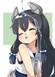 Rule 34 | 1girl, black hair, blue one-piece swimsuit, blush, closed eyes, grey neckerchief, hair ribbon, headgear, highres, i-47 (kancolle), kantai collection, long hair, nassukun, neckerchief, one-piece swimsuit, ribbon, sailor collar, see-through, see-through skirt, sidelocks, simple background, skirt, sleeveless, solo, swimsuit, swimsuit under clothes, tongue, tongue out, tress ribbon, two-tone background, water, white sailor collar