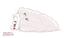 Rule 34 | 10s, 1girl, abyssal ship, blanket, blush, commentary request, horns, kantai collection, long hair, lying, mittens, monochrome, northern ocean princess, on stomach, solo, translated, twitter username, under covers, yamato nadeshiko