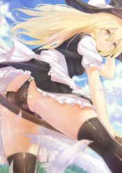 Rule 34 | 1girl, apron, ass, bad id, bad pixiv id, bird, black panties, black thighhighs, blonde hair, blue sky, bow, braid, broom, broom riding, butt crack, cloud, day, fang, flying, hat, hat bow, highres, kirisame marisa, lace, lace panties, long hair, looking at viewer, panties, pantyshot, pigeon, puffy short sleeves, puffy sleeves, shirt, short sleeves, single braid, skirt, skirt set, sky, smile, solo, thighhighs, touhou, underwear, upskirt, vest, waist apron, witch hat, yellow eyes, yizhirenben