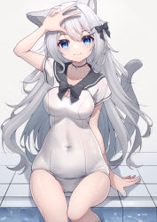 Rule 34 | 1girl, absurdres, animal ear fluff, animal ears, arm up, blue eyes, breasts, cat ears, cat girl, cat tail, covered navel, grey hair, highres, hinata (user rjkt4745), long hair, one-piece swimsuit, original, poolside, school swimsuit, shirt, short sleeves, soaking feet, solo, swimsuit, tail, thigh gap, thighs, v, white one-piece swimsuit, white shirt