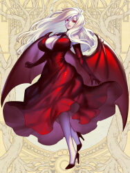 Rule 34 | 1girl, bare shoulders, blonde hair, breasts, cleavage, covered navel, dairoku ryouhei, demon girl, demon wings, dress, elbow gloves, fangs, full body, gloves, high heels, huge breasts, lipstick, long hair, makeup, official art, red dress, red eyes, red footwear, red gloves, sidelocks, snail8, solo, tight clothes, tight dress, usalia sin, wings, yellow background