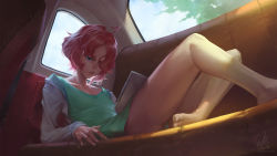 Rule 34 | 1girl, ahoge, ami enan, bare legs, barefoot, blouse, car interior, car seat, feet, flat chest, green shirt, hair over eyes, highres, hood, hoodie, looking at object, lupin iii, lupin iii part 5, no pants, one eye covered, panties, red hair, redeyehare, serious, shirt, short hair, sitting, tablet pc, underwear