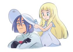 Rule 34 | 1boy, 1girl, blonde hair, borrowed clothes, braid, closed mouth, creatures (company), crossed arms, dress, game freak, hat, unworn hat, unworn headwear, highres, james (pokemon), kiana mai, lillie (pokemon), long hair, looking at another, nintendo, pokemon, pokemon (anime), pokemon sm (anime), purple hair, smile, sun hat, trait connection, twin braids
