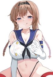 Rule 34 | 1girl, absurdres, black panties, blue eyes, blush, braid, breasts, brown hair, calin, cosplay, crop top, elbow gloves, girl on top, gloves, grabbing own breast, hair ornament, hairband, highleg, highleg panties, highres, kantai collection, large breasts, long hair, looking at viewer, navel, panties, sailor collar, shimakaze (kancolle), shimakaze (kancolle) (cosplay), simple background, solo, striped clothes, striped thighhighs, teruzuki (kancolle), thighhighs, tongue, tongue out, twin braids, underwear, white background