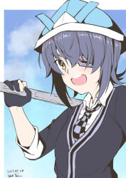 Rule 34 | 1girl, aged down, black gloves, black jacket, blue sky, checkered necktie, cloud, commentary request, eyepatch, gloves, highres, jacket, kantai collection, necktie, open mouth, paper hat, paper kabuto, partially fingerless gloves, purple hair, round teeth, school uniform, short hair, sky, solo, stick, taira yuuki, teeth, tenryuu (kancolle), upper body, upper teeth only, yellow eyes