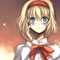 Rule 34 | 1girl, alice margatroid, blonde hair, blue eyes, blurry, blush, depth of field, female focus, hairband, hand on own cheek, hand on own face, headband, onimaru gonpei, ribbon, short hair, sketch, solo, surprised, touhou