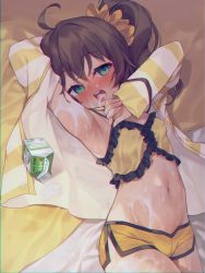 Rule 34 | 1girl, ahoge, aqua eyes, arm behind head, armpits, arms up, bed sheet, blush, brown hair, commentary request, cowboy shot, dolphin shorts, empty eyes, frills, from above, hair ornament, hair scrunchie, half-closed eyes, highres, hololive, jacket, long hair, long sleeves, looking at viewer, lying, milk, natsuiro matsuri, natsuiro matsuri (matsuri&#039;s day off), navel, on back, on bed, open clothes, open jacket, sankyaku tako, scrunchie, shorts, side ponytail, sleeves past wrists, solo, stomach, strap lift, striped clothes, striped jacket, suggestive fluid, virtual youtuber, wet, yellow shorts