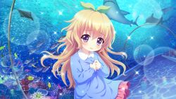 Rule 34 | 1girl, aged down, aquarium tunnel, blonde hair, bow, child, clutching chest, coral reef, dot nose, film grain, fish request, game cg, green bow, hair bow, hasegawa mii, izumi tsubasu, kindergarten uniform, lens flare, long hair, looking at viewer, manta ray, non-web source, official art, open mouth, pink skirt, purple eyes, re:stage!, scared, school of fish, shark, skirt, solo, sparkle, sparkling eyes, tearing up