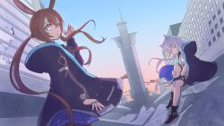 Rule 34 | 2girls, :o, amiya (arknights), animal ears, arknights, bare shoulders, black gloves, black jacket, blue eyes, blue skirt, blue sky, brown hair, brown pants, building, cat ears, cat girl, cat tail, closed mouth, commentary request, day, dress, fingerless gloves, gloves, grey hair, hair between eyes, hand up, highres, jacket, long hair, long sleeves, looking at viewer, looking to the side, multiple girls, open clothes, open jacket, oroshi (oroshi dr), outdoors, pants, parted lips, ponytail, puffy long sleeves, puffy sleeves, rabbit ears, rosmontis (arknights), skirt, sky, sleeveless, sleeveless dress, tail, tower, very long hair, white dress