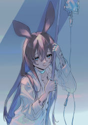 Rule 34 | 1girl, amiya (arknights), animal ears, arknights, blue eyes, brown hair, closed mouth, highres, holding, hospital gown, intravenous drip, jewelry, long hair, long sleeves, looking at viewer, majiang, rabbit ears, rabbit girl, ring, smile, solo