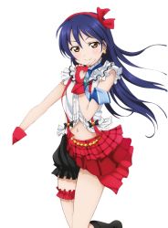 Rule 34 | 10s, 1girl, blue hair, bokura wa ima no naka de, earrings, fingerless gloves, floating hair, gloves, hairband, heart cutout, index finger raised, jewelry, leg up, long hair, looking at viewer, love live!, love live! school idol project, orange eyes, red gloves, shirt, sleeveless, sleeveless shirt, smile, solo, sonoda umi, standing, thigh strap, transparent background, white shirt