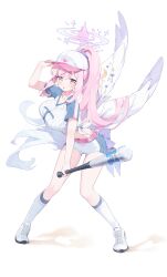 Rule 34 | 1girl, absurdres, alternate costume, alternate hairstyle, baseball bat, baseball cap, blue archive, breasts, cross-laced footwear, feathered wings, full body, hair between eyes, halo, hand up, hat, high ponytail, highres, holding, holding baseball bat, kneehighs, large breasts, long hair, looking at viewer, meunhongcha, mika (blue archive), navel, parted lips, pink hair, shirt, short sleeves, shorts, simple background, socks, solo, standing, white background, white footwear, white hat, white shirt, white shorts, white socks, white wings, wings, yellow eyes