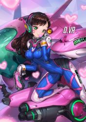 Rule 34 | 1girl, blush, bodysuit, breasts, brown eyes, brown hair, blowing bubbles, cannon, chewing gum, closed mouth, clothes writing, d.va (overwatch), facepaint, gloves, grey gloves, gun, hand on own cheek, hand on own face, headgear, heart, heart-shaped pupils, highres, holding, holding gun, holding weapon, leaning forward, long hair, looking at viewer, machinery, mecha, medium breasts, mhk (mechamania), on one knee, overwatch, overwatch 1, robot, skin tight, smile, solo, symbol-shaped pupils, trigger discipline, weapon