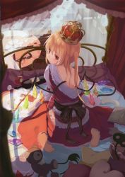 Rule 34 | 1girl, absurdres, ascot, bare back, bed, blonde hair, blood, book, bottle, crown, crystal, cup, curtains, drinking glass, flandre scarlet, highres, igayan, laevatein (touhou), long hair, red eyes, scan, side ponytail, sitting, unworn socks, solo, spill, stuffed animal, stuffed toy, teddy bear, touhou, wariza, wine bottle, wine glass, wings