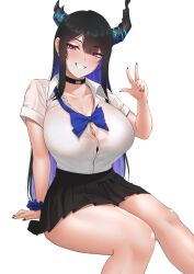 Rule 34 | 1girl, absurdres, alternate costume, asymmetrical horns, black nails, black skirt, blue bow, blue bowtie, blue hair, blush, bow, bowtie, bra visible through clothes, breasts, broken horn, button gap, cipher4109, cleavage, collarbone, collared shirt, colored inner hair, commentary, demon horns, desk, english commentary, fingernails, greyscale, grin, highres, hololive, hololive english, horns, huge breasts, index finger raised, large breasts, long fingernails, long hair, looking at viewer, looking back, loose bowtie, miniskirt, mole, mole on thigh, mole under eye, monochrome, multicolored hair, nerissa ravencroft, on desk, pleated skirt, red eyes, school uniform, scrunchie, shirt, sidelocks, sitting, skirt, smile, solo, tented shirt, transparent background, uniform, variant set, very long hair, virtual youtuber, w, white shirt, wrist scrunchie