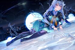 Rule 34 | 1girl, absurdres, aze not bald, black hairband, blue pupils, bow, firefly (honkai: star rail), grey hair, hair ornament, hairband, highres, honkai: star rail, honkai (series), jacket, long hair, looking at viewer, neckerchief, night, night sky, orange neckerchief, shooting star, sky, solo, tears, thighhighs, two-tone eyes, white bow