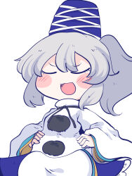 Rule 34 | 1girl, blue hat, blue skirt, blush stickers, chahan (fried rice0614), closed eyes, grey hair, hair between eyes, hat, highres, japanese clothes, kariginu, long hair, long sleeves, mononobe no futo, open mouth, pom pom (clothes), ponytail, simple background, skirt, smile, solo, tate eboshi, touhou, upper body, white background, wide sleeves