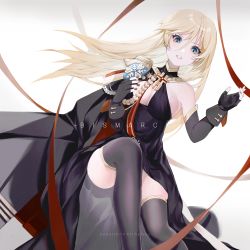 Rule 34 | 1girl, aiguillette, artist request, azur lane, bismarck (azur lane), bismarck (beacon of the iron blood) (azur lane), bismarck (beacon of the iron blood) (azur lane), bismarck (coat of arms), black dress, black thighhighs, blonde hair, blue eyes, breasts, character name, cleavage, cleavage cutout, clothing cutout, coat of arms, commentary request, cross, dress, elbow gloves, elbow rest, fingerless gloves, gloves, highres, iron blood (emblem), iron cross, long hair, red ribbon, ribbon, sideboob, thighhighs