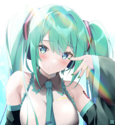 Rule 34 | 1girl, amane sou, aqua eyes, aqua hair, aqua nails, aqua necktie, bare shoulders, blush, breasts, closed mouth, collared shirt, commentary request, detached sleeves, hair ornament, hand up, hatsune miku, light rays, long hair, looking at viewer, medium breasts, miku day, necktie, number tattoo, shirt, shoulder tattoo, signature, smile, solo, tattoo, twintails, upper body, vocaloid