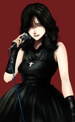 Rule 34 | 1girl, bare shoulders, black dress, black gloves, black hair, copyright request, dress, earrings, fingerless gloves, gloves, grey eyes, highres, holding, holding microphone, hoshi san 3, jewelry, looking at viewer, microphone, parted lips, red background, simple background, sleeveless, sleeveless dress, solo