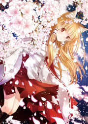 Rule 34 | 1girl, animal ears, blonde hair, cherry blossoms, fox ears, fox tail, hair tubes, japanese clothes, long hair, long sleeves, looking at viewer, nontraditional miko, original, petals, riolabo, shirt, skirt, solo, tail, tree, very long hair, wide sleeves, yellow eyes