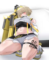 Rule 34 | 1girl, :d, :p, adult aongly, ahoge, animated, black gloves, black sports bra, blonde hair, blush, breasts, clothing cutout, crop top, crop top overhang, cropped sweater, curvy, elegg (nikke), exposed pocket, gloves, goddess of victory: nikke, grey shorts, hair intakes, hair over eyes, heart, holding, holding weapon, kneeling, large breasts, laughing, live2d, long bangs, long sleeves, looking at viewer, micro shorts, multicolored clothes, multicolored gloves, multicolored hair, navel, open mouth, purple eyes, short hair, shorts, shoulder cutout, smile, solo, spoken heart, sports bra, spread legs, squatting, suspender shorts, suspenders, tagme, thick thighs, thigh strap, thighs, tongue, tongue out, two-tone hair, video, weapon, wide hips, yellow gloves