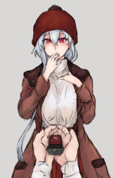 Rule 34 | 1boy, 1girl, coat, covering own mouth, fate/grand order, fate (series), fujimaru ritsuka (male), grey background, hat, jewelry, long hair, marriage proposal, pov, pov hands, red eyes, ring, shinpu (sky301006201), silver hair, solo focus, tomoe gozen (fate), turtleneck, winter clothes, winter coat