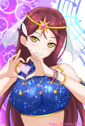 Rule 34 | 1girl, ahoge, arabian clothes, armlet, artist name, artist request, bare shoulders, blouse, blue shirt, blush, braid, breasts, brown hair, crop top, dancer, detached sleeves, earrings, female focus, grin, head chain, heart, heart hands, heart symbol, highres, jewelry, large breasts, long hair, looking at viewer, love live!, love live! school idol festival, love live! sunshine!!, medium breasts, musical note, navel, outstretched arms, parted lips, red hair, sakurauchi riko, sash, see-through, see-through sleeves, shirt, short hair, single braid, sleeveless, smile, solo, yellow eyes