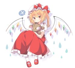 Rule 34 | 1girl, :t, absurdres, blonde hair, blush, bow, crystal, drop shadow, flandre scarlet, full body, hair between eyes, hat, hat ribbon, highres, looking at viewer, mary janes, mob cap, nanagi, petticoat, pout, puffy short sleeves, puffy sleeves, red bow, red eyes, red footwear, red ribbon, red skirt, red vest, ribbon, shirt, shoes, short sleeves, sitting, skirt, skirt set, socks, solo, spoken x, stuffed animal, stuffed toy, teddy bear, touhou, vest, white shirt, white socks, wings