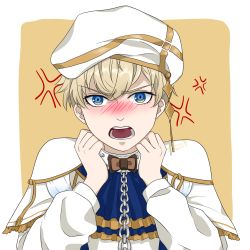 Rule 34 | absurdres, angry, blonde hair, blue eyes, blush, collar, hat, highres, leash, luke (obey me!: one master to rule them all!), maon obeyme, obey me!: one master to rule them all!