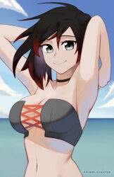 Rule 34 | 1girl, armpits, arms behind head, arms up, artist name, bikini, black choker, black hair, blue sky, breasts, choker, closed mouth, cloud, collarbone, commentary, english commentary, gradient hair, grey eyes, grimmlocke10k, highres, large breasts, light smile, looking at viewer, multicolored hair, navel, ocean, outdoors, red hair, ruby rose, rwby, short hair, sky, smile, strapless, strapless bikini, swimsuit, upper body