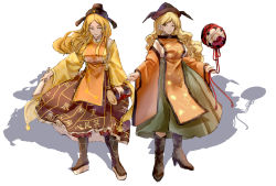 Rule 34 | absurdres, adapted costume, black headwear, blonde hair, boots, brown headwear, cape, chinese clothes, constellation, constellation print, drum, dual persona, floating, floating object, green skirt, hat, high heel boots, high heels, highres, instrument, long hair, long sleeves, matara okina, orange cape, orange sleeves, orange tabard, shouxishao jiuyuan, skirt, standing, sun symbol, tabard, touhou, tsuzumi, wide sleeves, yellow eyes