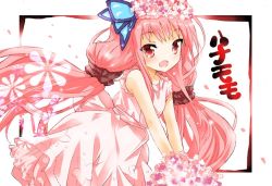 Rule 34 | 1girl, :o, blush, bouquet, butterfly hair ornament, character name, commentary request, dress, flower, flower knight girl, hair ornament, hanamomo (flower knight girl), head wreath, pink dress, pink eyes, pink hair, sleeveless, sleeveless dress, solo, twintails, yaza (mugi65081246)